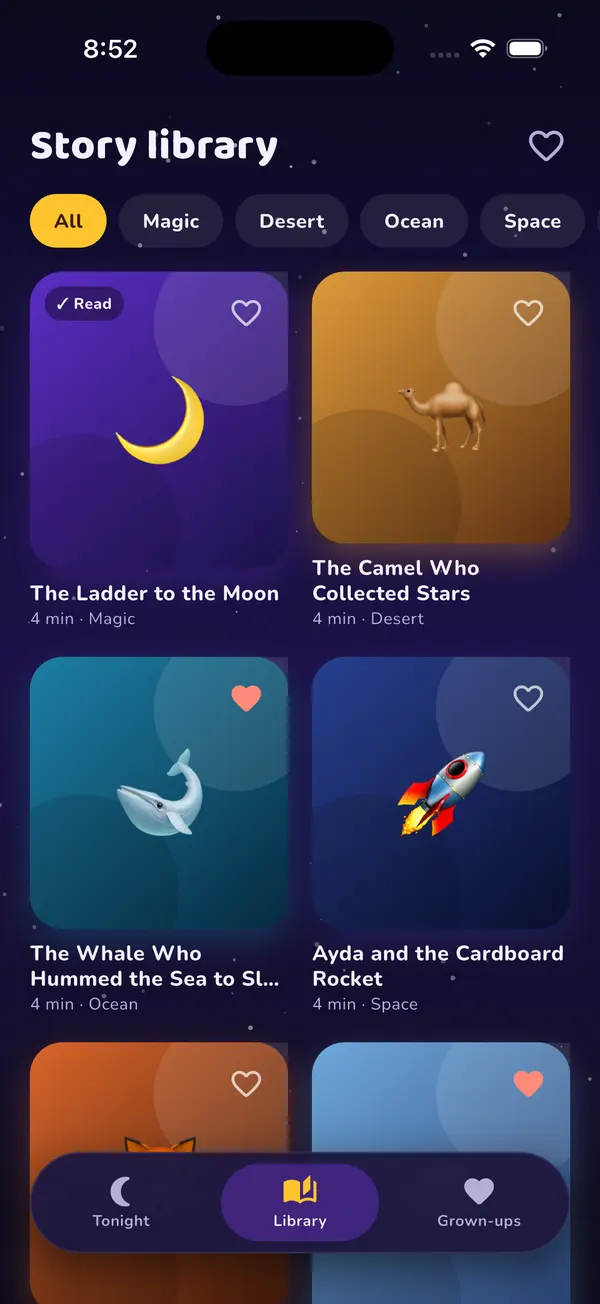 The Lello story library with stories such as The Ladder to the Moon and The Camel Who Collected Stars, filtered by Magic, Desert, Ocean and Space